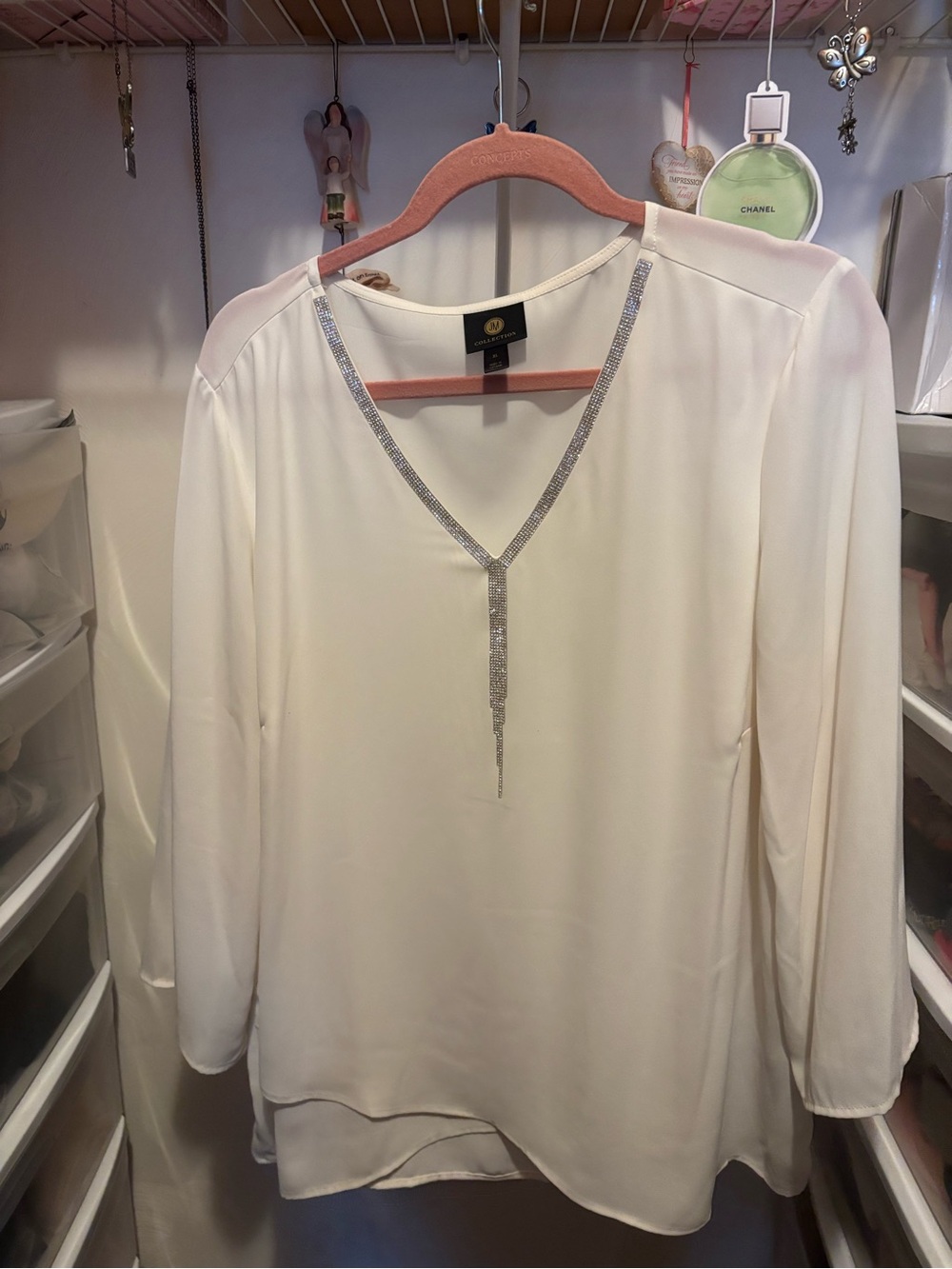 JM Collection Cream V-Neck Long Sleeve Blouse with Silver Rhinestone Trim